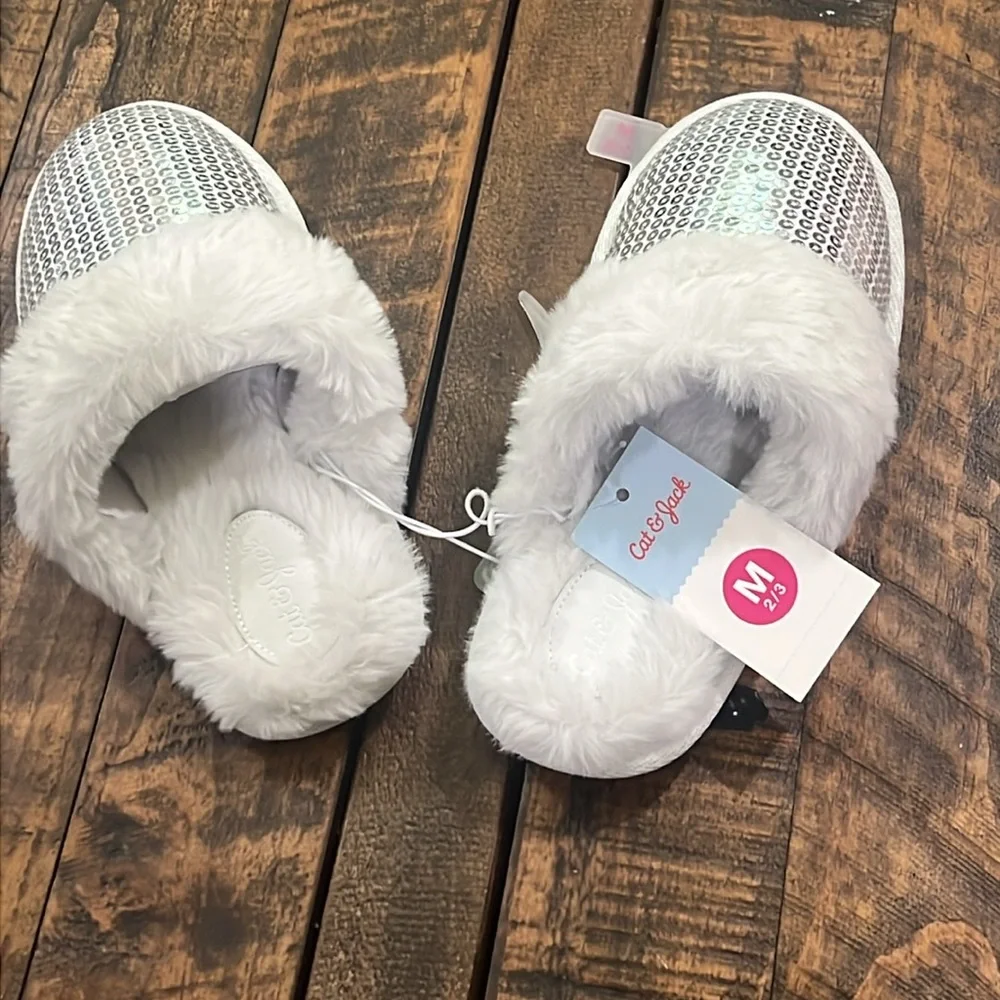 Silver Sequin Fur Slippers kids medium 2/3